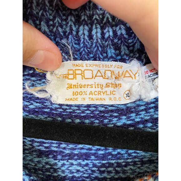 Broadway University Shop XL Vintage Sweater Striped Blue Brown Knit Pullover - Picture 4 of 7
